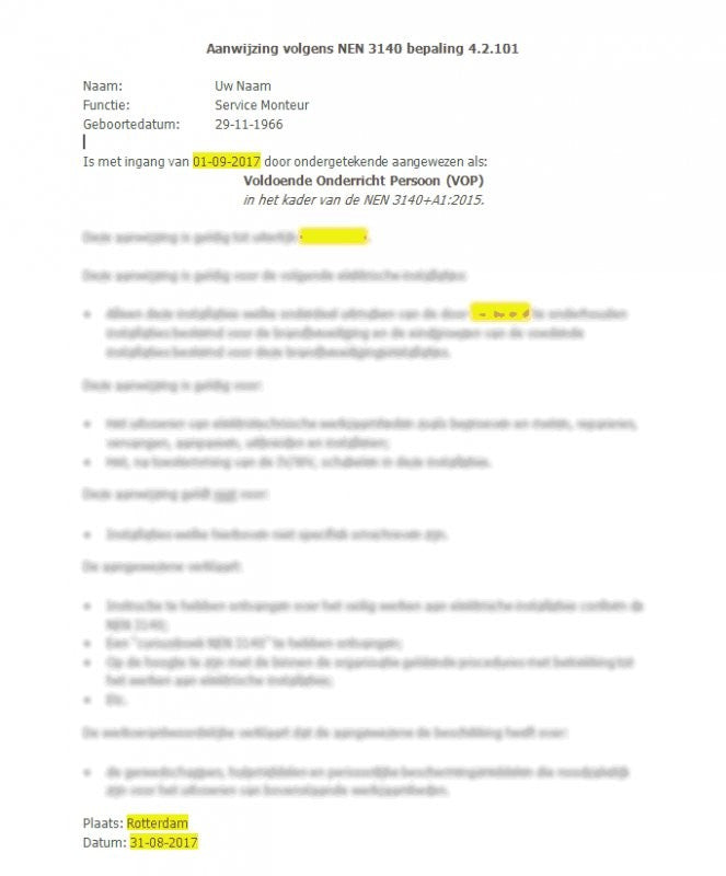 Aanwijsformulier voor aanwijzen personen in het kader van NEN 3140